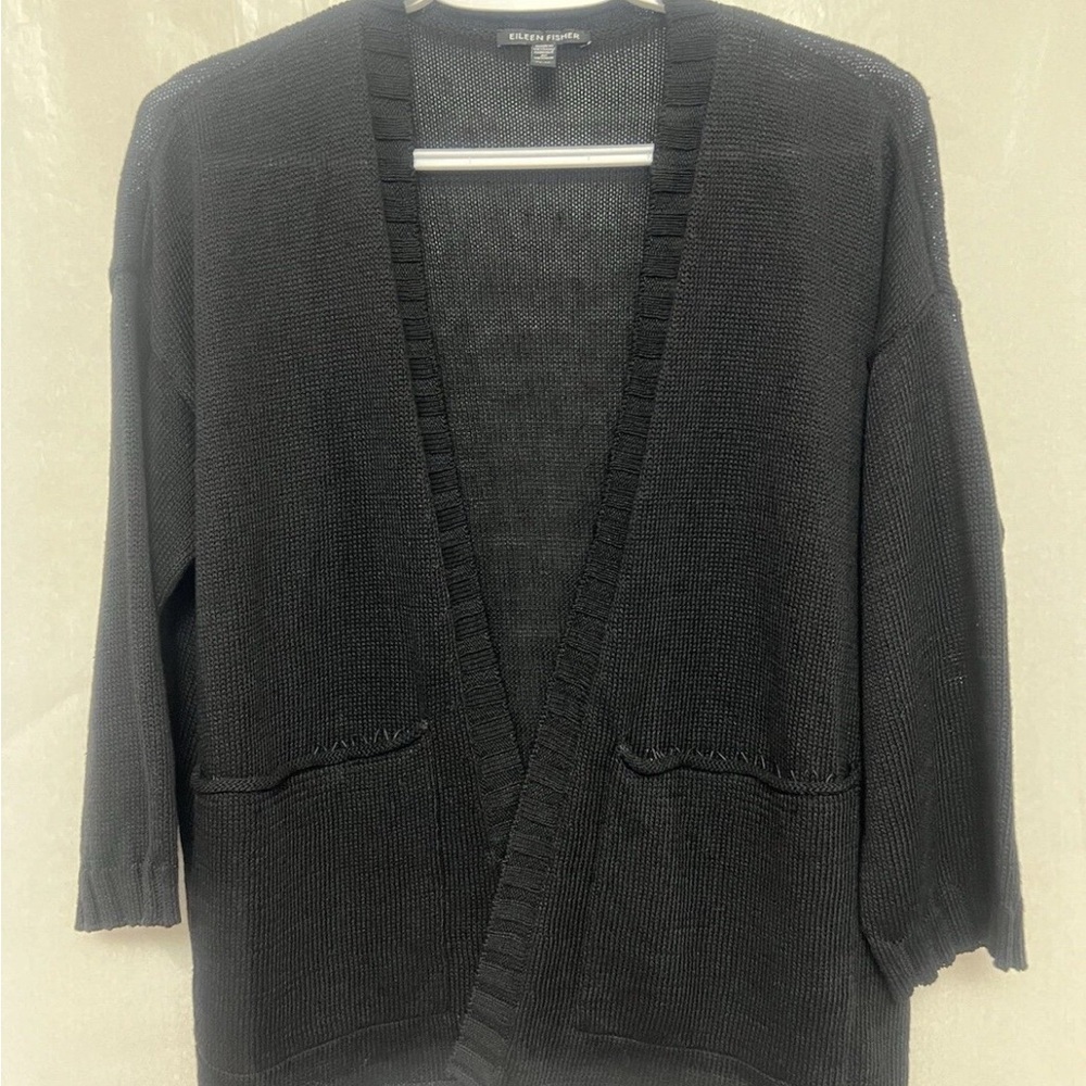 EILEEN FISHER Cardigan Linen Open Front Black Size Women's Size Petite Small PS